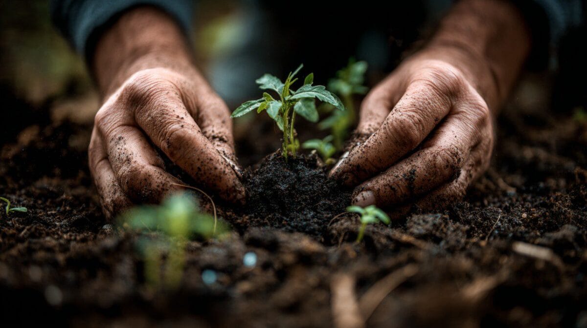 Planting seedling hands close up